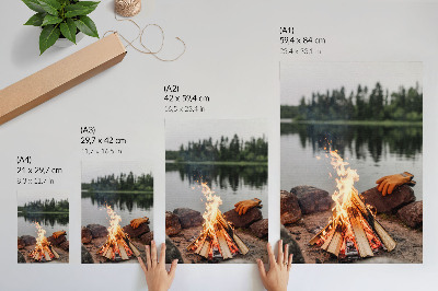 Decorative poster Bonfire lake forest stones recreation nature