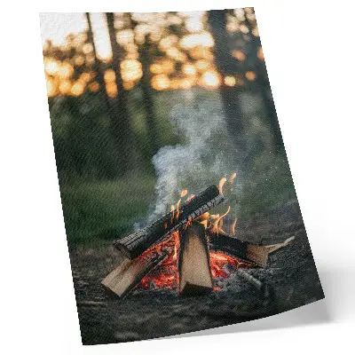 Decorative poster bonfire against a forest and smoke backdrop