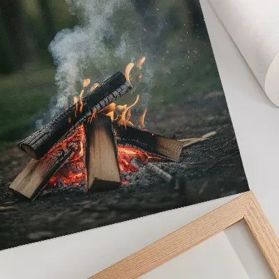Decorative poster bonfire against a forest and smoke backdrop
