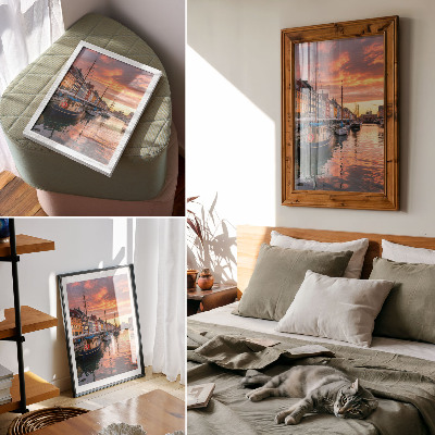Art print Colorful tenement houses, water reflections, warmth of the sky