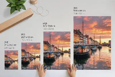 Art print colorful tenement houses with water reflections under a warm sky