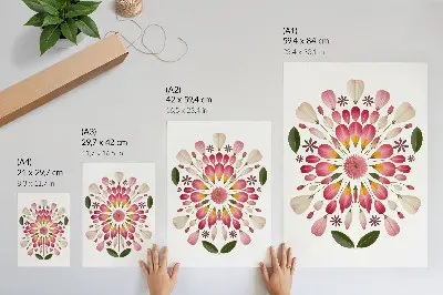 Decorative poster floral mandala print with pink, cream, and green symmetric design