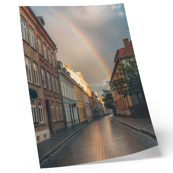 Poster Colorful tenement houses, rainbow, cloudy sky
