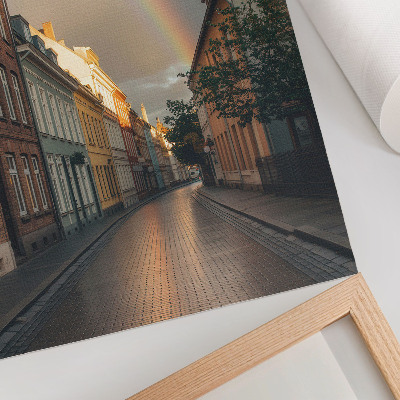 Poster Colorful tenement houses, rainbow, cloudy sky