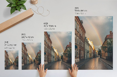 Poster Colorful tenement houses, rainbow, cloudy sky