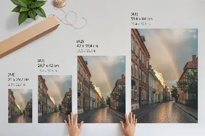 Poster colorful tenement houses with a rainbow in a cloudy sky