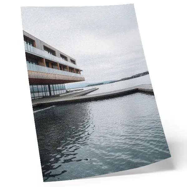 Decorative poster modern building by the water in a minimalist style featuring wood and glass