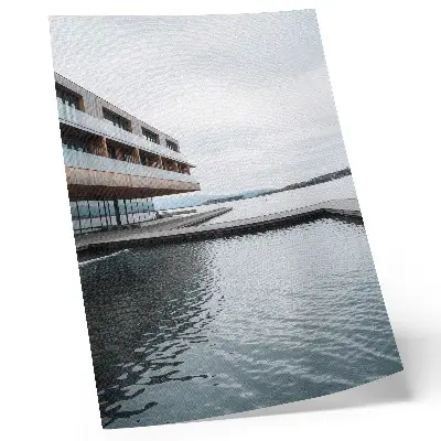 Decorative poster modern building by the water in a minimalist style featuring wood and glass