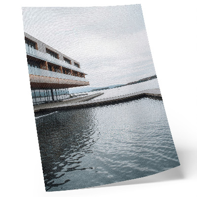 Decorative poster Modern building by the water, minimalism, wood, glass