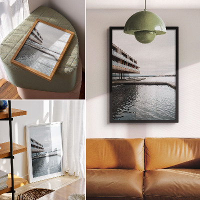 Decorative poster Modern building by the water, minimalism, wood, glass