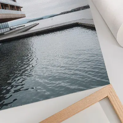 Decorative poster modern building by the water in a minimalist style featuring wood and glass