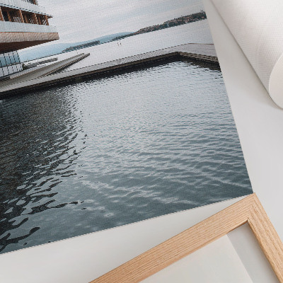 Decorative poster Modern building by the water, minimalism, wood, glass