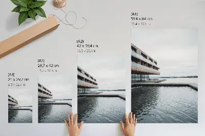Decorative poster modern building by the water in a minimalist style featuring wood and glass