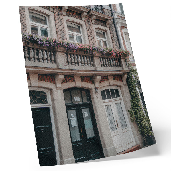 Poster Flowers on the balcony, brick facade, classic style