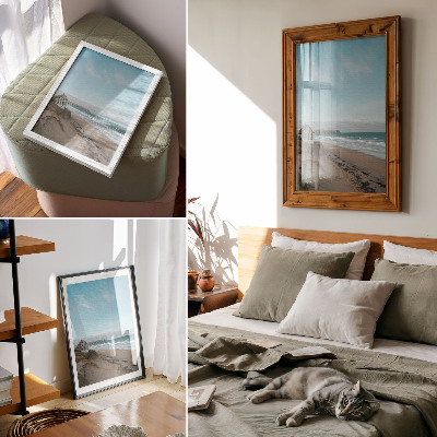 Poster Beach, waves, house on a cliff, pastel colors