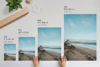 Poster beach with waves and a house on a cliff in pastel colors