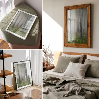 Poster birches in the fog with white bark and green grass
