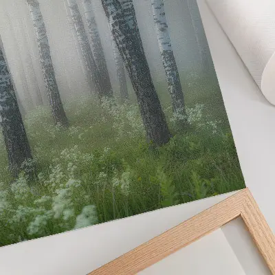 Poster birches in the fog with white bark and green grass