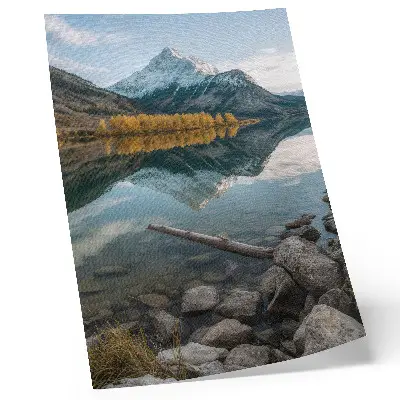 Art print featuring a peaceful mountain lake with trees and reflection