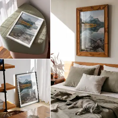 Art print featuring a peaceful mountain lake with trees and reflection