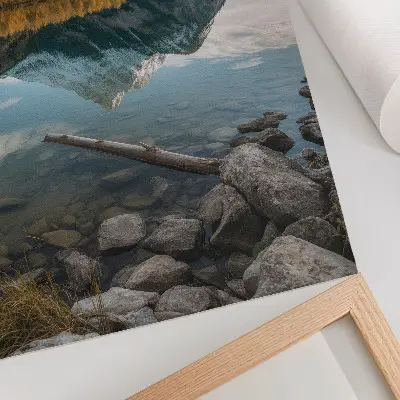 Art print featuring a peaceful mountain lake with trees and reflection