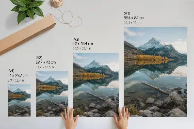 Art print featuring a peaceful mountain lake with trees and reflection