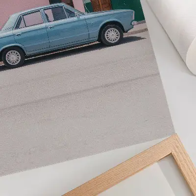 Classic car with pastel buildings poster retro charm print