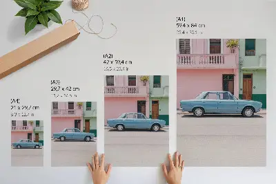 Classic car with pastel buildings poster retro charm print