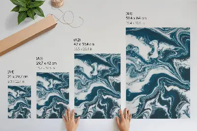 Decorative poster featuring abstract blue and white spots with dynamic lines
