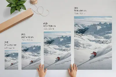 Premium wall art skier in action against a blue sky in the white mountains