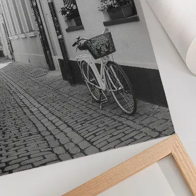 Poster street with tenement houses, flowers, and bicycle in black and white