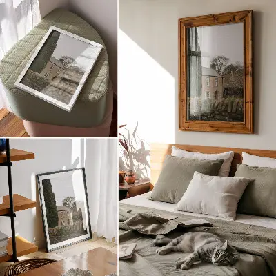 Premium decorative wall art featuring a cozy home among trees with a stone fence in a peaceful setting