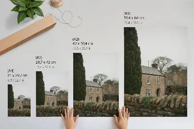 Premium decorative wall art featuring a cozy home among trees with a stone fence in a peaceful setting
