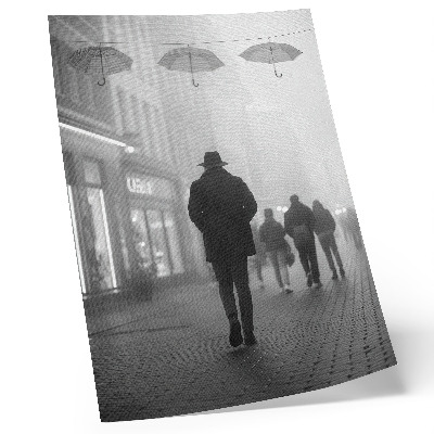 Decorative poster Figure in a hat, fog, umbrellas, mystery