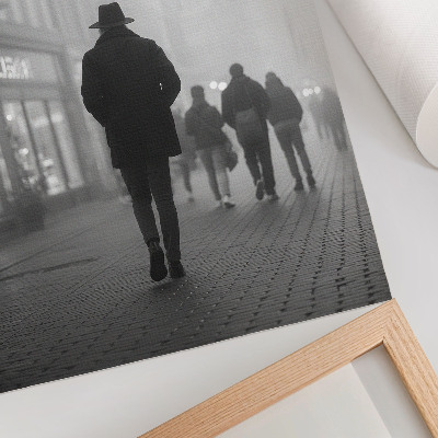 Decorative poster Figure in a hat, fog, umbrellas, mystery