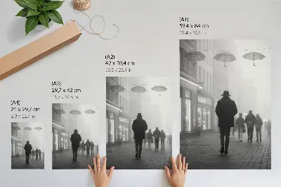 Decorative poster featuring a mysterious figure in a hat with fog and umbrellas