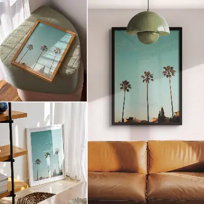 Art print featuring palm trees against a blue background for an exotic atmosphere