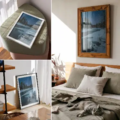 Premium wall art featuring a snowy river landscape with trees under starry skies