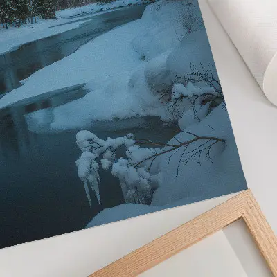 Premium wall art featuring a snowy river landscape with trees under starry skies