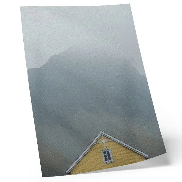 Decorative poster featuring a peaceful yellow house in the foggy mountains