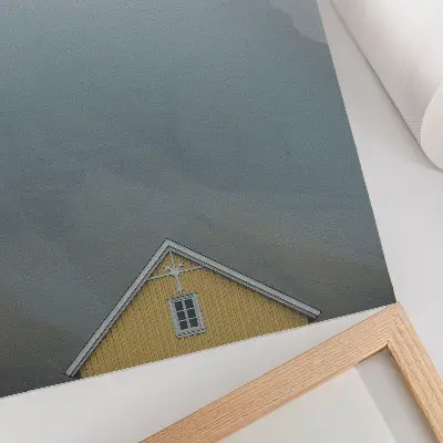 Decorative poster featuring a peaceful yellow house in the foggy mountains