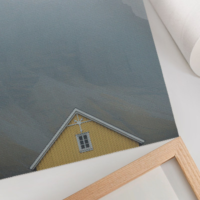Decorative poster Yellow house fog mountains peaceful atmosphere