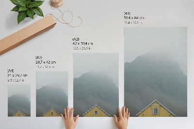 Decorative poster Yellow house fog mountains peaceful atmosphere