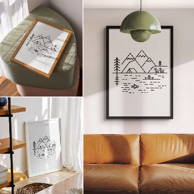 Art print Minimalist line mountains lake animals