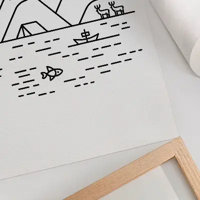Art print minimalist mountains and lake animals line art