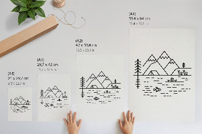 Art print Minimalist line mountains lake animals