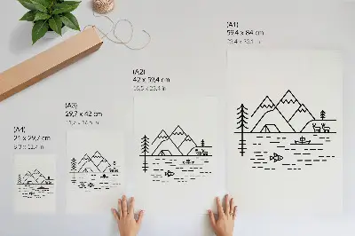 Art print minimalist mountains and lake animals line art