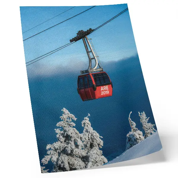 Premium wall art winter landscape featuring a red gondola and white trees