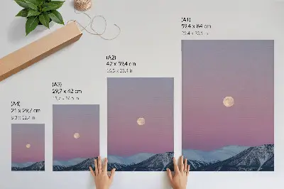 Decorative poster featuring mountains at dusk under a moonlit pastel sky