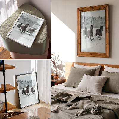 Premium wall art Black horses in motion against a snowy background